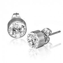 Round earrings made of stainless steel, clear ground zircon, studs, 7 mm