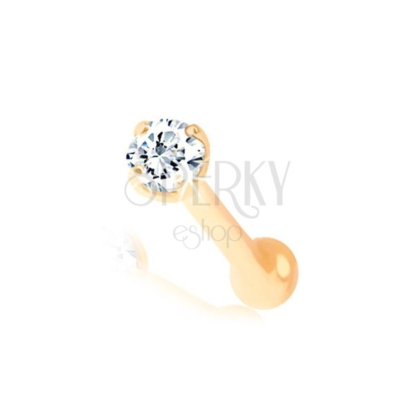 Straight nose piercing made of yellow 14K gold - tiny clear zircon