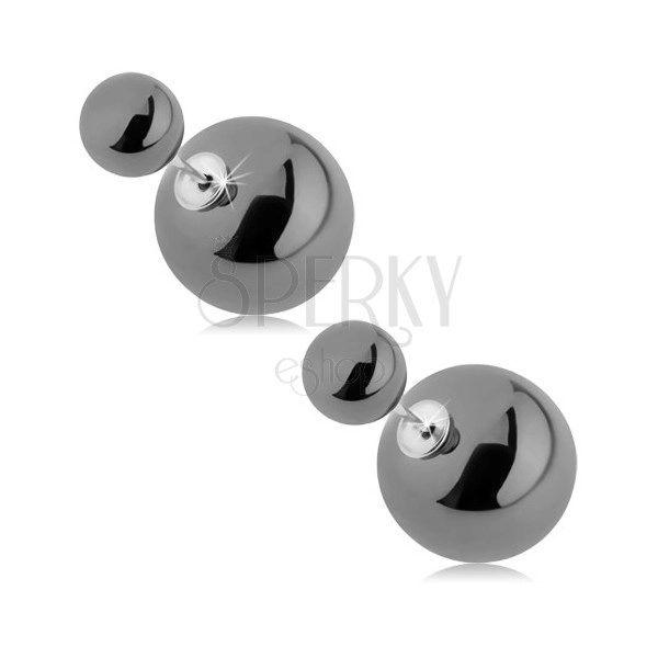 Glossy reversible earrings, bigger and smaller ball, grey colour
