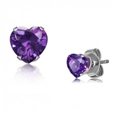 Steel earrings in silver shade, tiny purple zircon heart