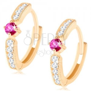 Round 585 gold earrings - dark pink synthetic ruby, clear synthetic zircon lines