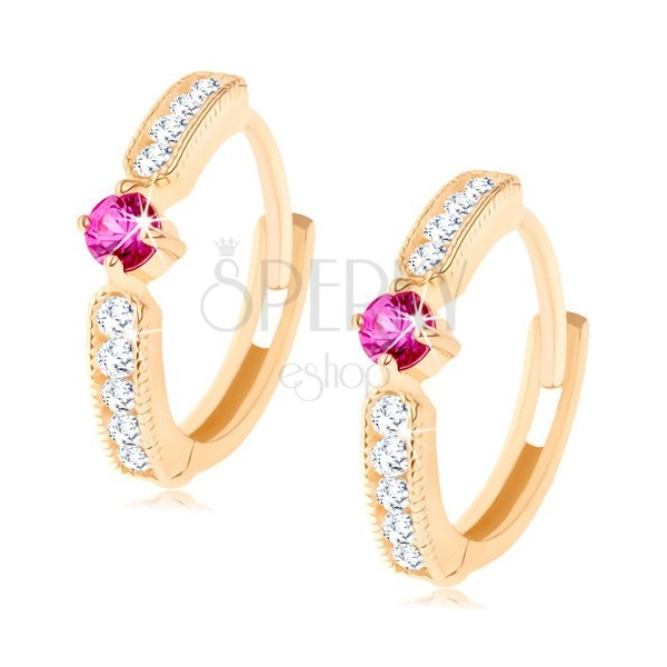 Round 585 gold earrings - dark pink synthetic ruby, clear synthetic zircon lines