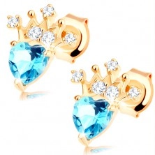 Earrings, yellow 9K gold - blue topaz heart, shimmering crown
