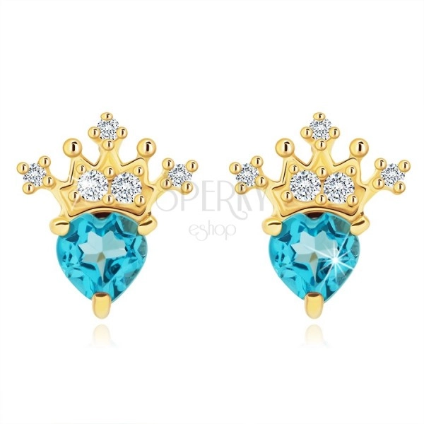 Earrings, yellow 9K gold - blue topaz heart, shimmering crown