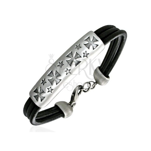 Black leather bracelet - Maltese cross and stars