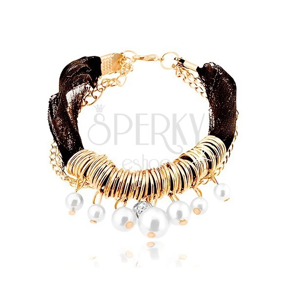 Combined bracelet, black textile ribbon, circles, beads, chain