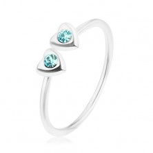 Silver 925 ring, adjustable, two hearts with blue zircons