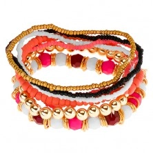 Elastic multi-bracelet, beads in pink, white, black and golden colour