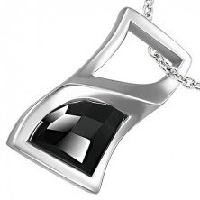 Stainless steel pendant - curved rectangle with black rhinestone