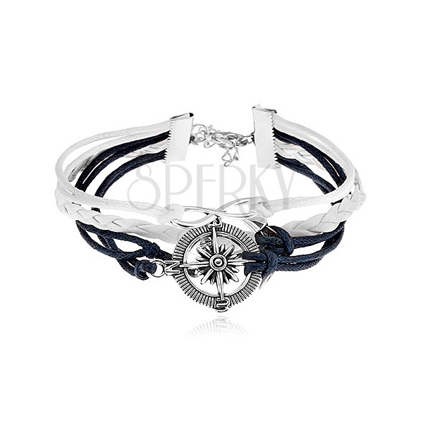 Braided bracelet, dark blue and white strings, INFINITY symbol, anchor, compass