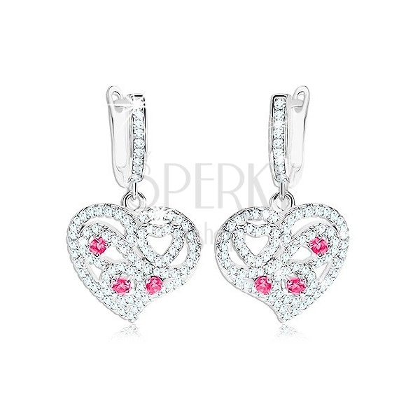 Earrings made of 925 silver, heart adorned with clear and pink zircons