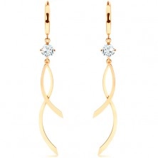 Dangling earrings made of yellow 14K gold, smooth circle, clear zircon, shiny waves