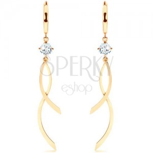 Dangling earrings made of yellow 14K gold, smooth circle, clear zircon, shiny waves