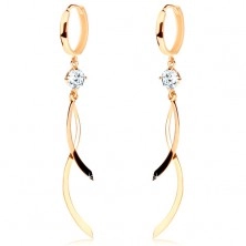 Dangling earrings made of yellow 14K gold, smooth circle, clear zircon, shiny waves