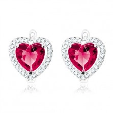 Earrings made of 925 silver, dark pink heart in clear zircon contour
