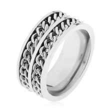 Ring made of 316L steel in silver colour, two decorative chains, high gloss