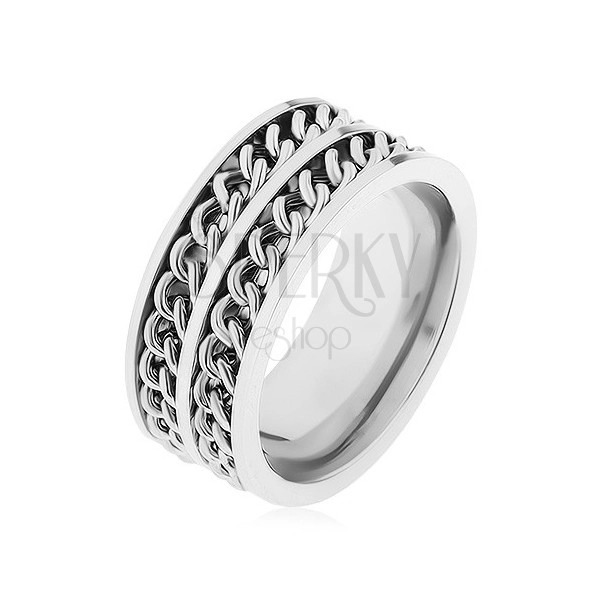 Ring made of 316L steel in silver colour, two decorative chains, high gloss