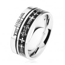 Steel ring in silver hue, black strips, Celtic symbols