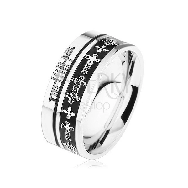 Steel ring in silver hue, black strips, Celtic symbols
