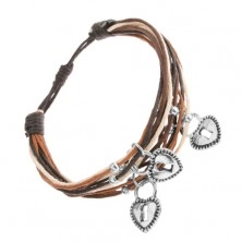 Adjustable bracelet, beige, black and brown cords, pendant - lock