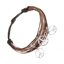 String bracelet, black, white and brown hue, shiny charms - peace sign