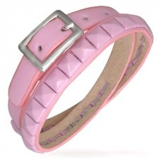 Doubled pink leather bracelet - pyramid studs