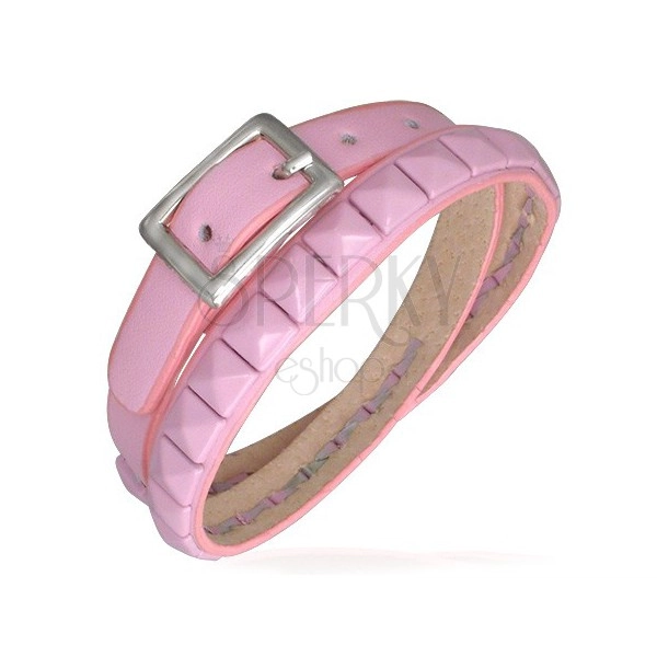 Doubled pink leather bracelet - pyramid studs