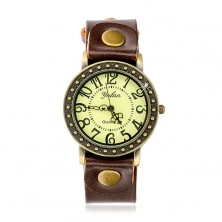 Analogue wristwatch, brown strap, round clock face