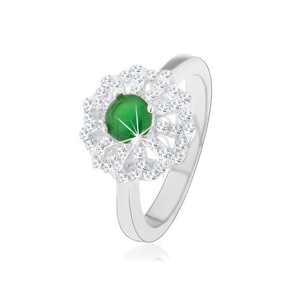 Ring made of 925 silver, flower with clear petal outlines, green zircon centre