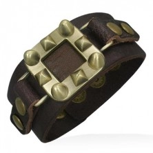 Leather bangle in brown with pyramids and cones