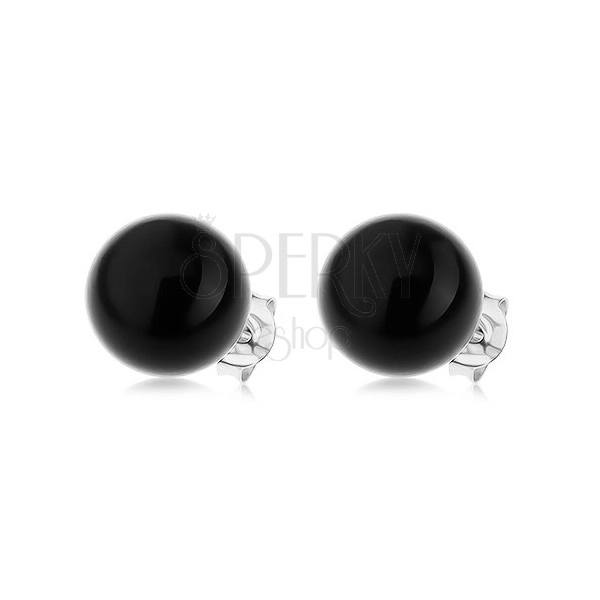Earrings made of 925 silver, shiny round pearl in black colour, 10 mm