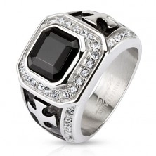 Chunky ring made of stainless steel, black zircon square, clear lines, crosses