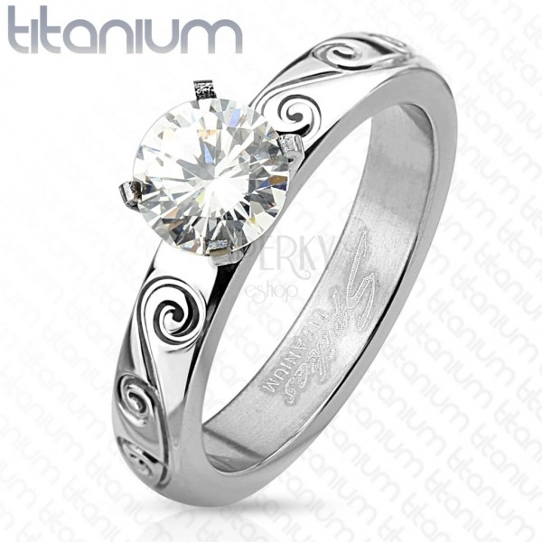 Titanium ring in silver colour, round clear zircon, decorated shoulders