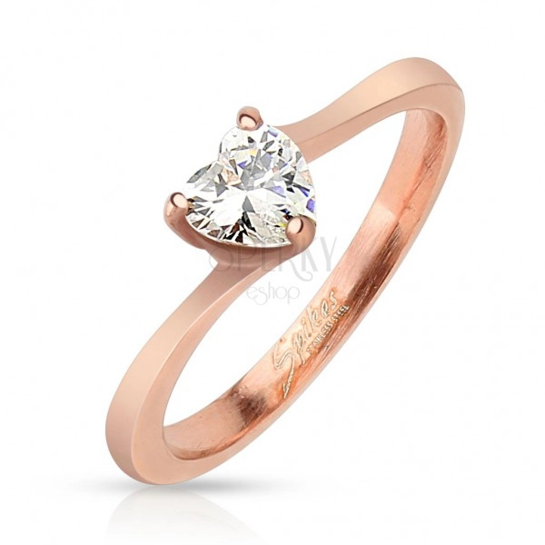 Shiny steel ring in copper hue, clear zircon heart
