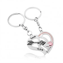 Keychain for couple, silver colour, two halves of heart, arrow, inscription