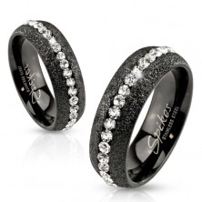 Ring, 316L steel, black hue, glittery sanded finish, zircon stripe