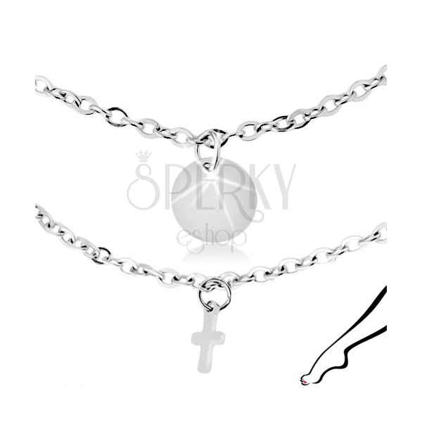 Steel anklet, silver colour, pendants - flat circles and crosses