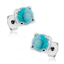 Steel stud earrings in silver colour, round turquoise stone