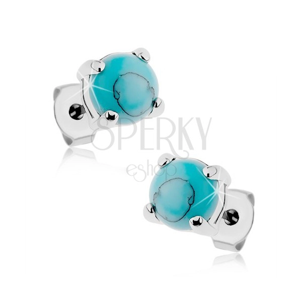 Steel stud earrings in silver colour, round turquoise stone