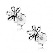 Earrings made of 925 silver, shiny flower with ball in the middle, patina