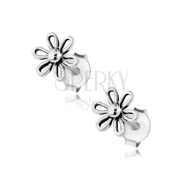 Earrings made of 925 silver, shiny flower with ball in the middle, patina