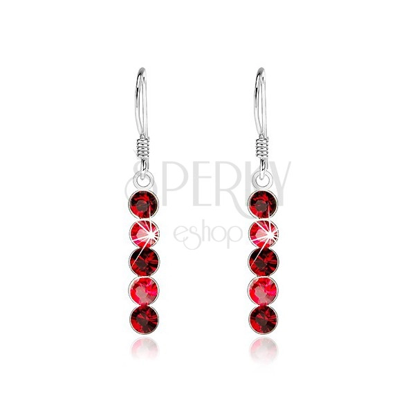 Dangling earrings made of 925 silver, vertical line of red Swarovski crystals