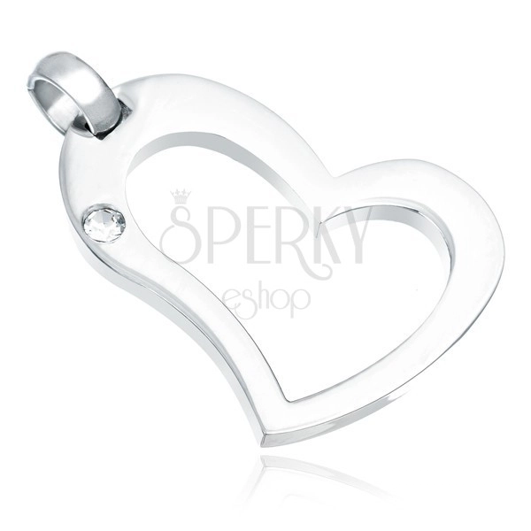 Steel pendant in silver hue, contour of asymmetrical heart, clear zircon