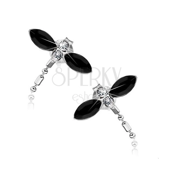 Earrings made of 925 silver, dragonflies with black wings, Swarovski crystals