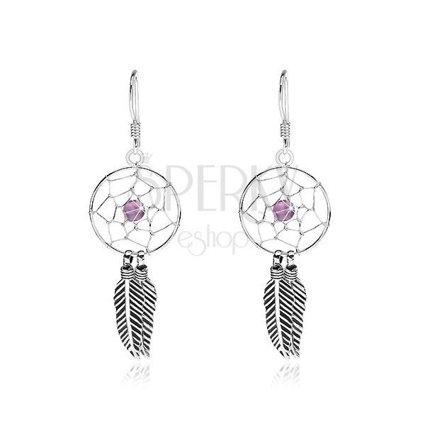 925 silver earrings, dream catcher, violet bead, feathers, 15 mm