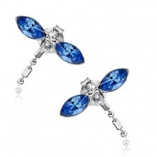 Stud earrings, 925 silver, dragonfly with blue wings, Swarovski crystals