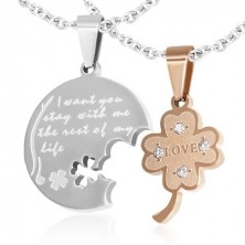 Steel double pendant, round tag and shamrock with romantic inscription