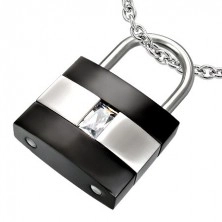 Steel pendant, padlock, black and silver colour, clear zircon