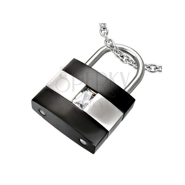 Steel pendant, padlock, black and silver colour, clear zircon