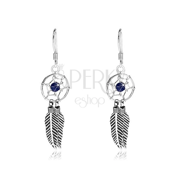 925 silver earrings, dark blue bead, round dream catcher, 10 mm